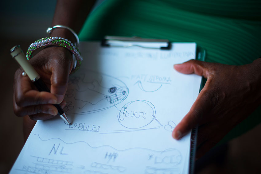 Dr. Bowling, M.D. of Hendricks Regional Health Breast Center makes a sketch for a patient